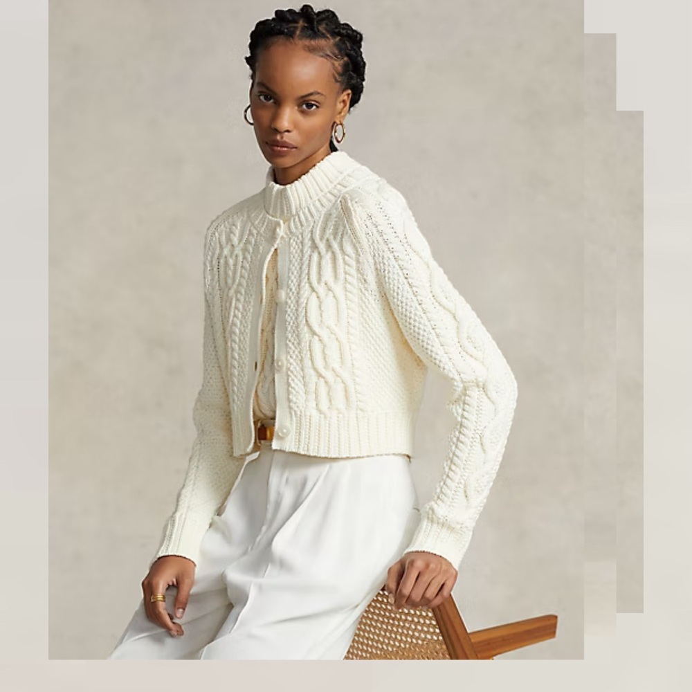 Ralph Lauren Cropped Aran-Knit Cotton Cardigan- NWT